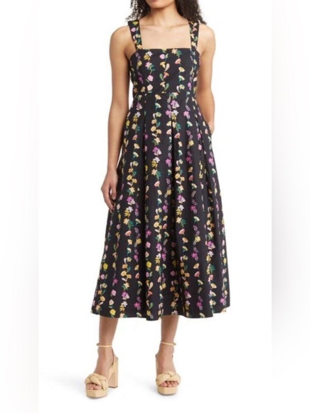 Banjanan Ophelia Floral Midi Fall Dress Black Cotton Size Large Boho Preppy